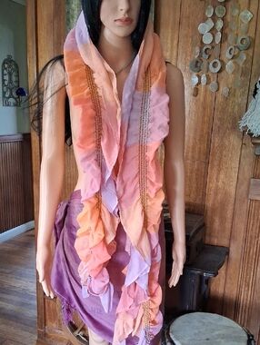 Ruffled Gradient Scarf in Peach, Pink & Lavender